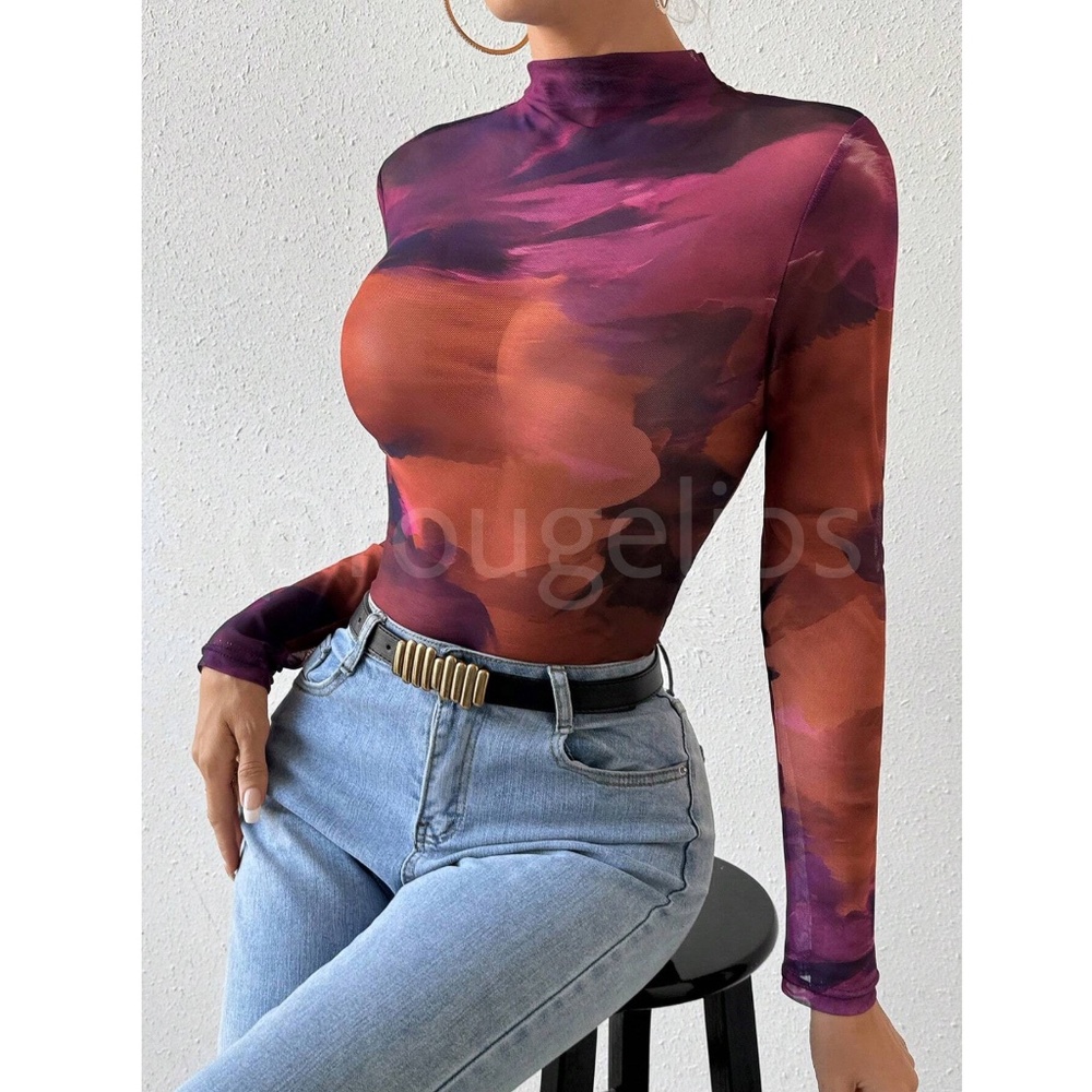 Multicolor Mesh Tie Dye Long Sleeve Sheer Shirt Slim Fit - Picture 2 of 6